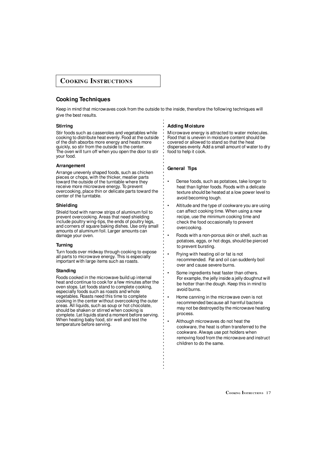 Samsung MS8899S manual Cooking Techniques 