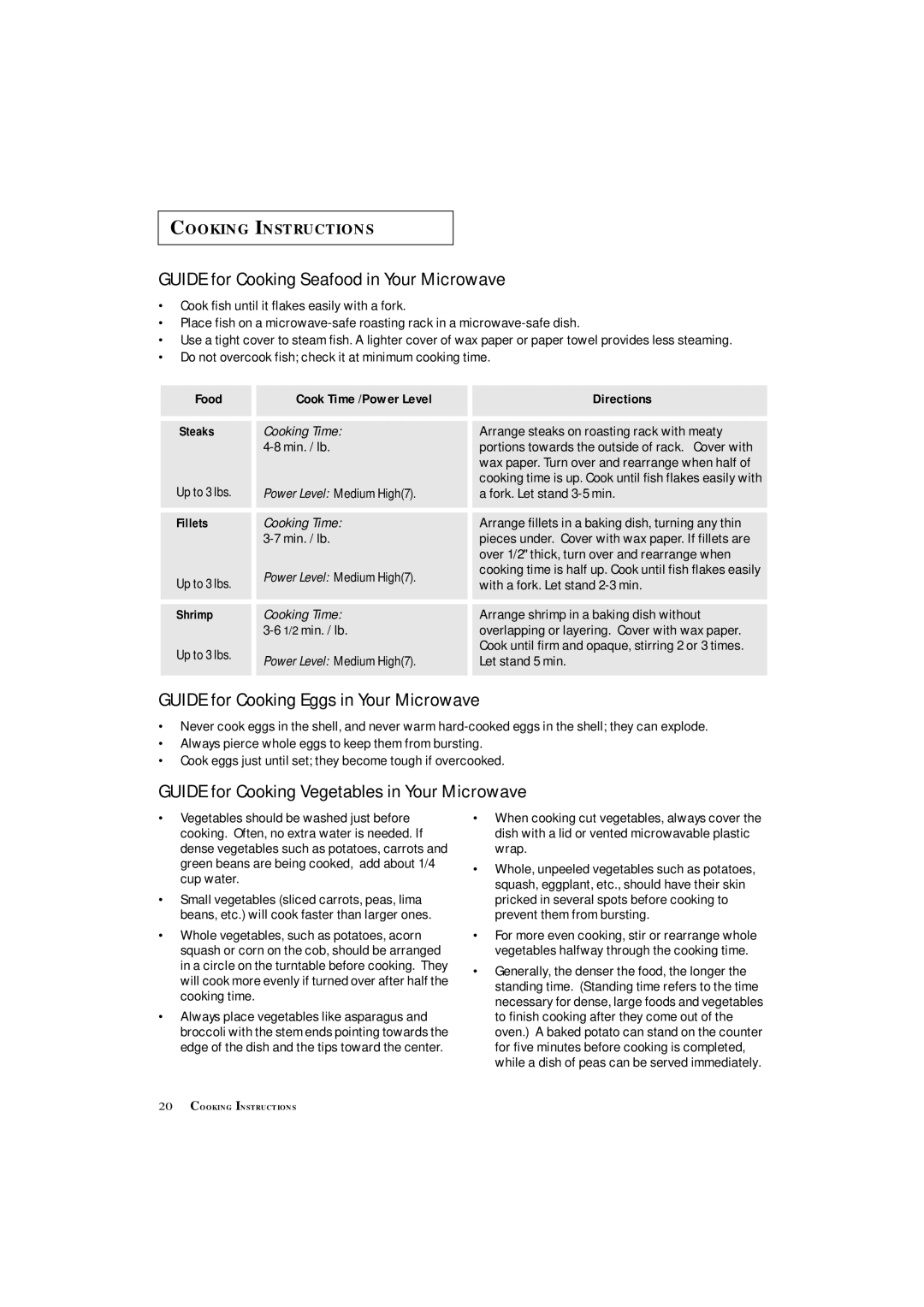 Samsung MS8899S manual Do not overcook fish check it at minimum cooking time, Food Cook Time /Power Level Directions Steaks 