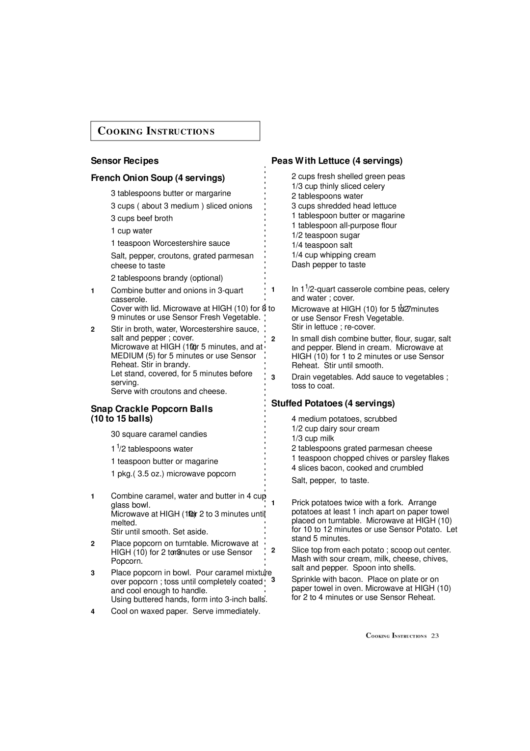 Samsung MS8899S manual Sensor Recipes French Onion Soup 4 servings, Snap Crackle Popcorn Balls 10 to 15 balls 