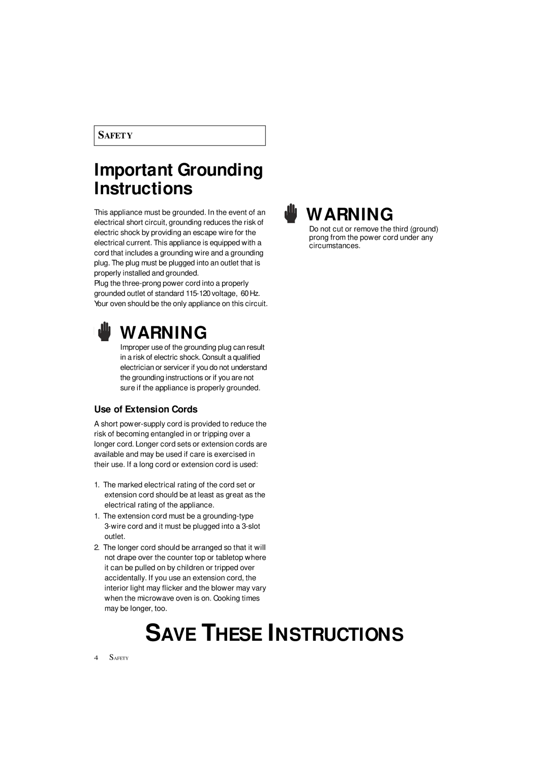 Samsung MS8899S manual Important Grounding Instructions, Use of Extension Cords 