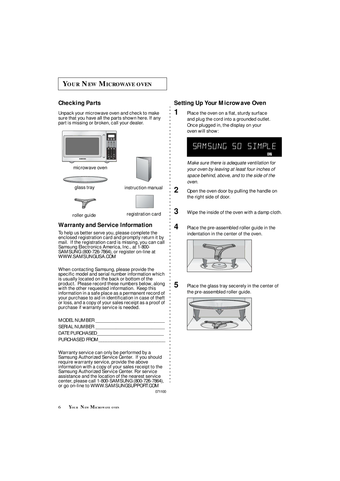 Samsung MS8899S manual Checking Parts, Warranty and Service Information, Setting Up Your Microwave Oven, Microwave oven 