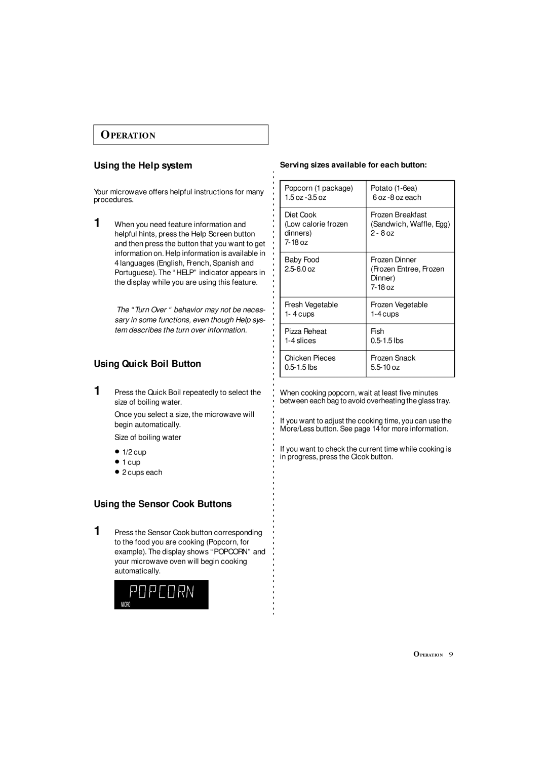 Samsung MS8899S manual Using the Help system, Using Quick Boil Button, Using the Sensor Cook Buttons 