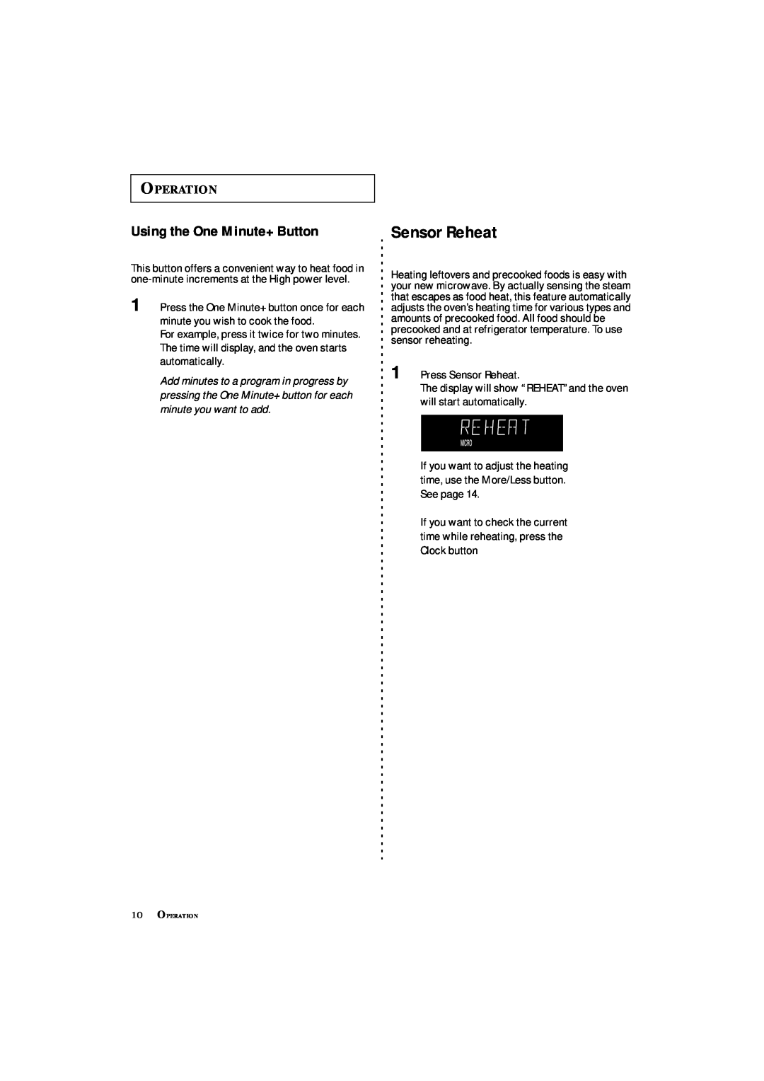 Samsung MS8899S manual Using the One Minute+ Button, Sensor Reheat, Operation 