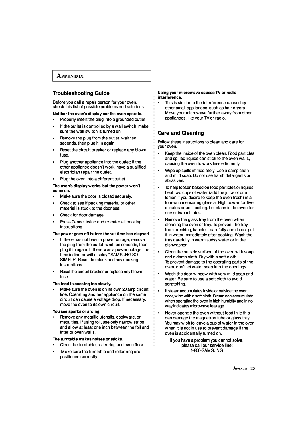 Samsung MS8899S manual Troubleshooting Guide, Care and Cleaning, Appendix 