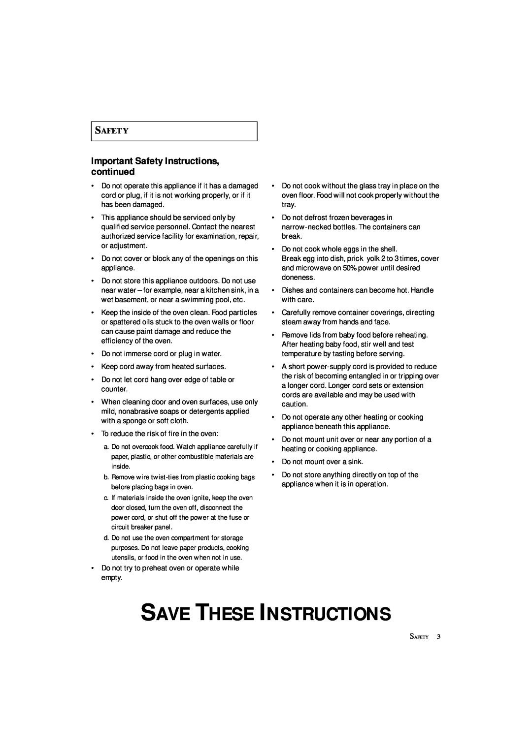 Samsung MS8899S manual Important Safety Instructions, continued, Save These Instructions 