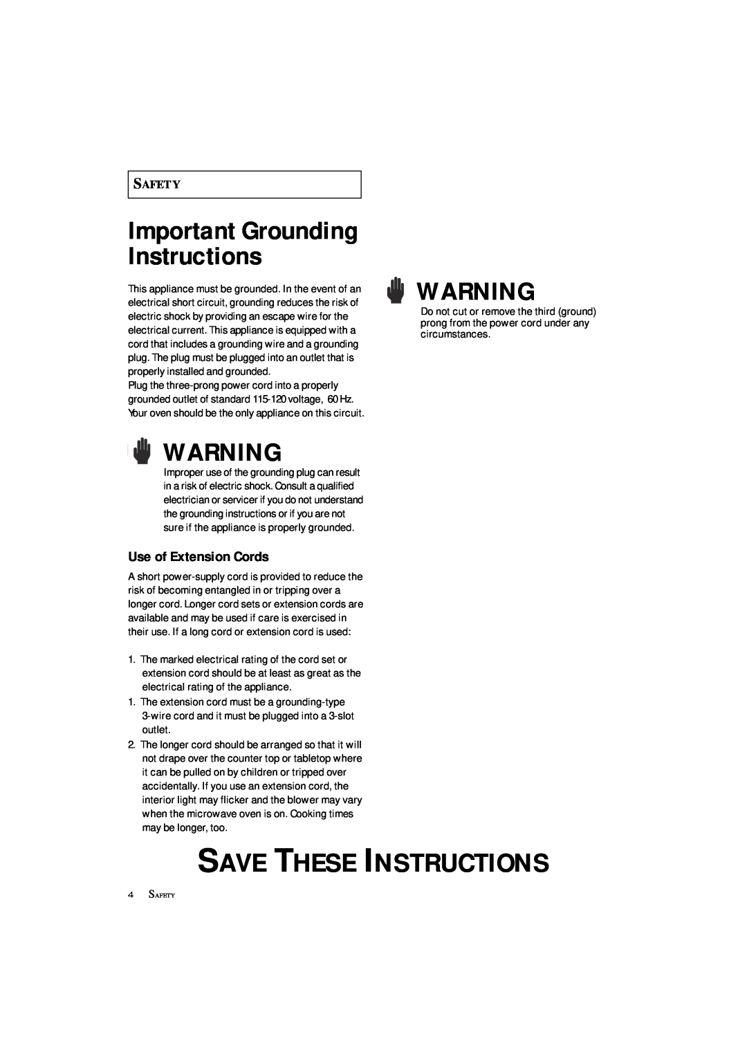 Samsung MS8899S manual Use of Extension Cords, Save These Instructions, Important Grounding Instructions, Safety 