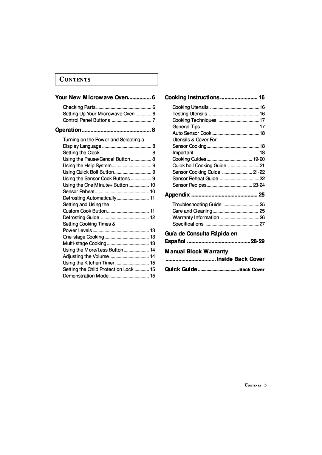 Samsung MS8899S manual 28-29, Manual Block Warranty, Contents, Guía de Consulta Rápida en, Back Cover 
