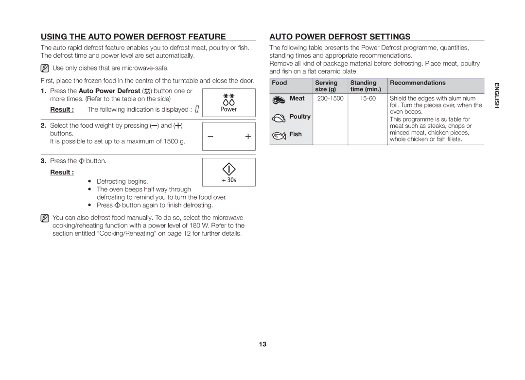 Samsung ME89F, MS89F manual Using the Auto Power Defrost Feature, Auto Power Defrost Settings, Result 