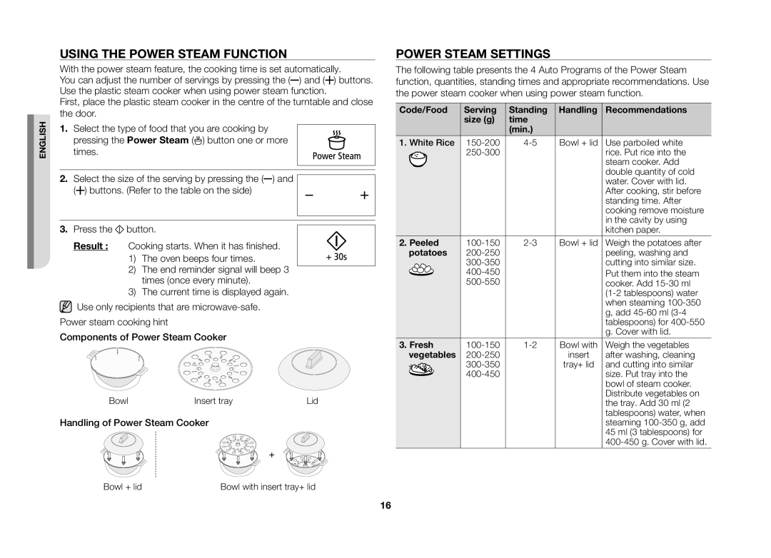 Samsung MS89F, ME89F manual Using the Power Steam Function, Power Steam Settings, Handling of Power Steam Cooker 