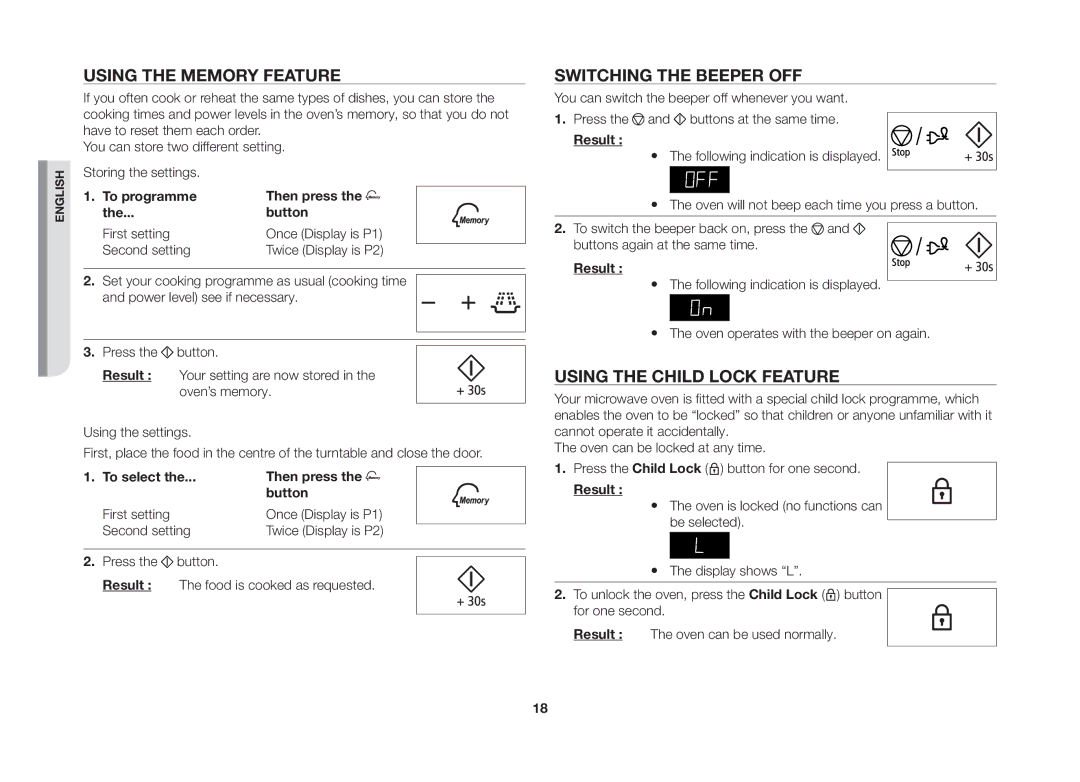 Samsung MS89F, ME89F manual Using the Memory Feature, Switching the Beeper OFF, Using the Child Lock Feature, Second setting 