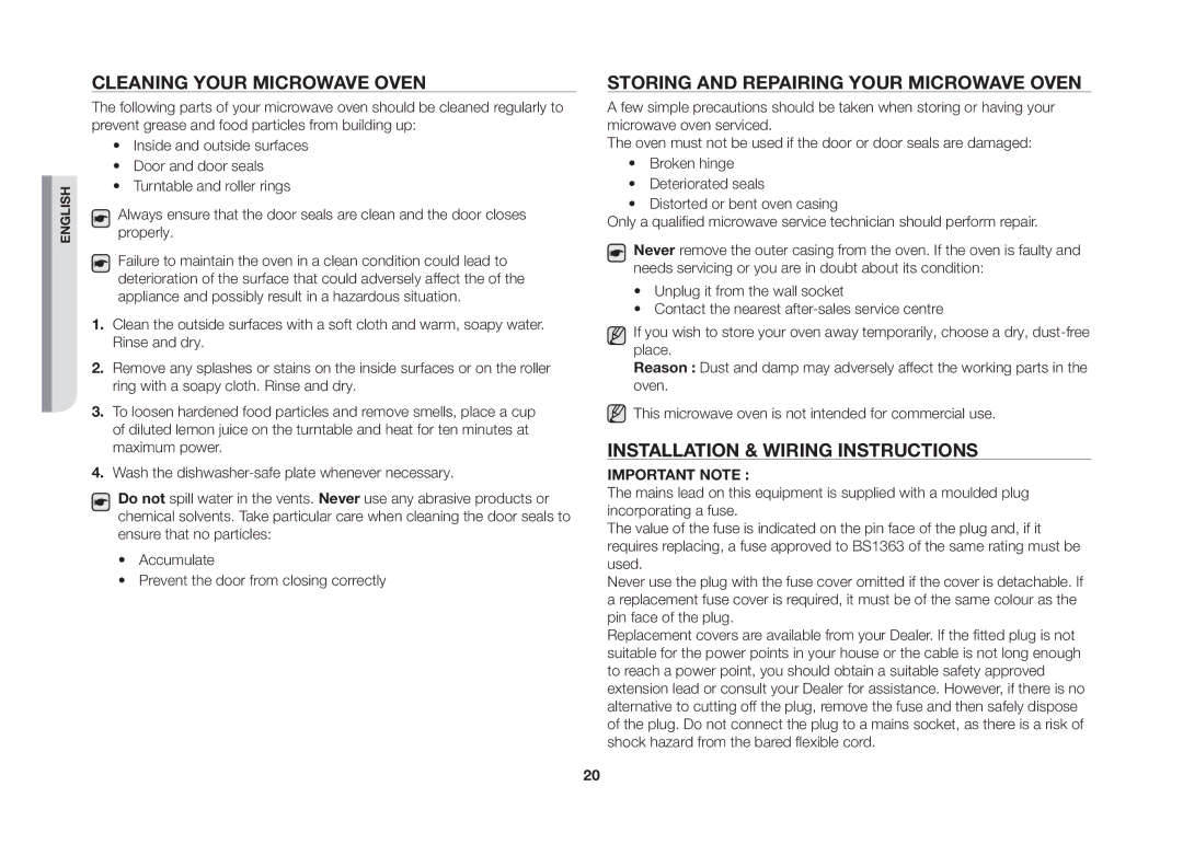 Samsung MS89F Cleaning Your Microwave Oven, Storing and Repairing Your Microwave Oven, Installation & Wiring Instructions 