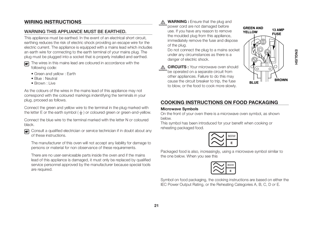 Samsung ME89F, MS89F manual Wiring Instructions, Cooking Instructions on Food Packaging, Microwave Symbols 