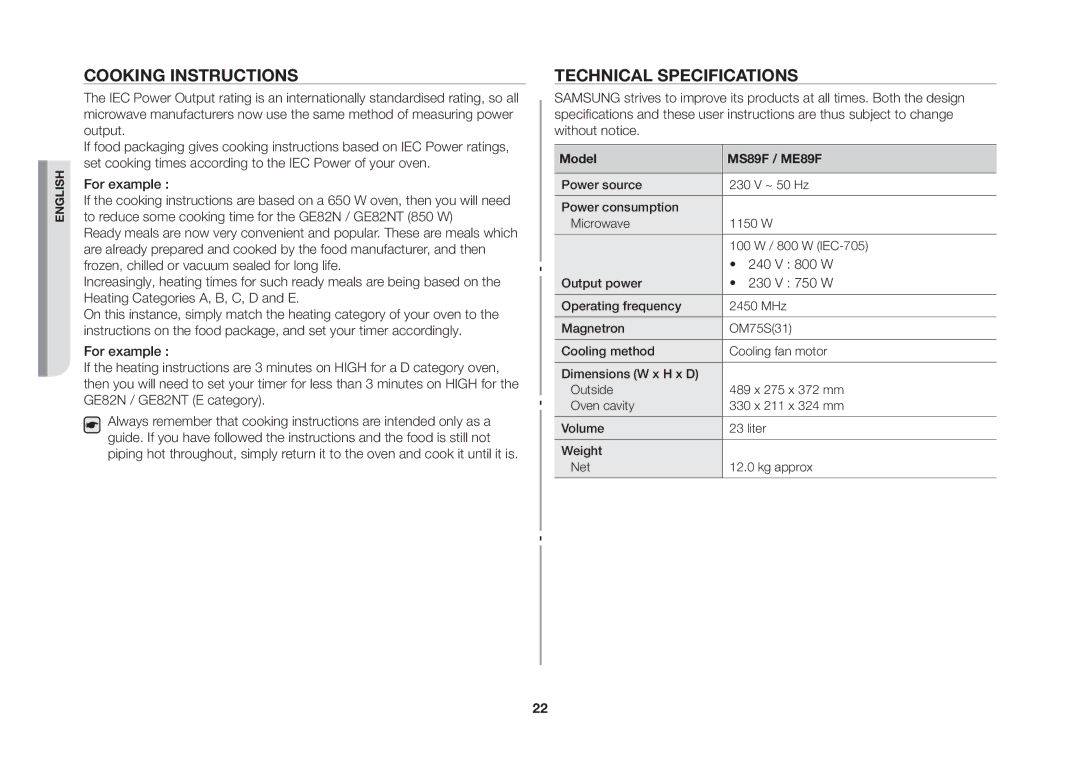 Samsung manual Cooking Instructions, Technical Specifications, 240 V 800 W, 230 V 750 W, Model MS89F / ME89F 