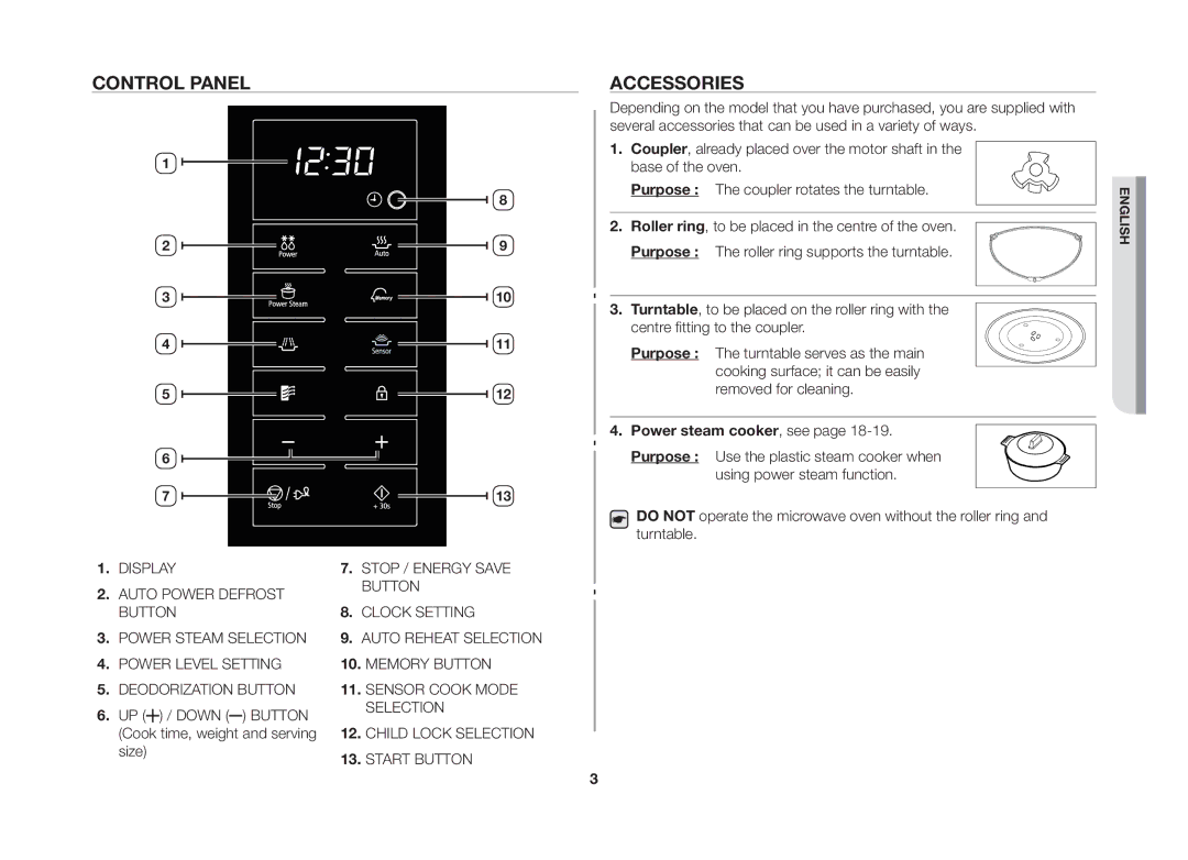 Samsung ME89F Control Panel Accessories, Power steam cooker, see, UP / Down Button Cook time, weight and serving size 