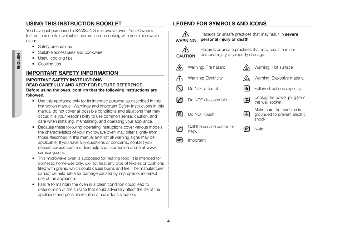 Samsung MS89F, ME89F manual Using this Instruction Booklet, Important Safety Information, Useful cooking tips, Cooking tips 