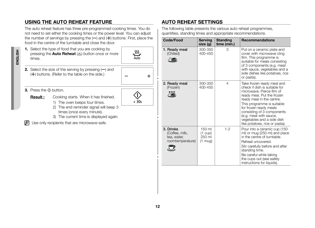 Samsung MS89F, ME89F manual Using The Auto Reheat Feature, Auto Reheat Settings 