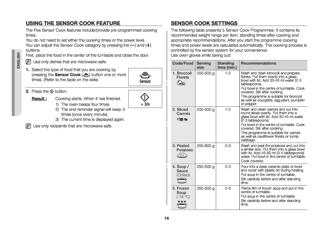 Samsung MS89F, ME89F manual Using The Sensor Cook Feature, Sensor Cook Settings 