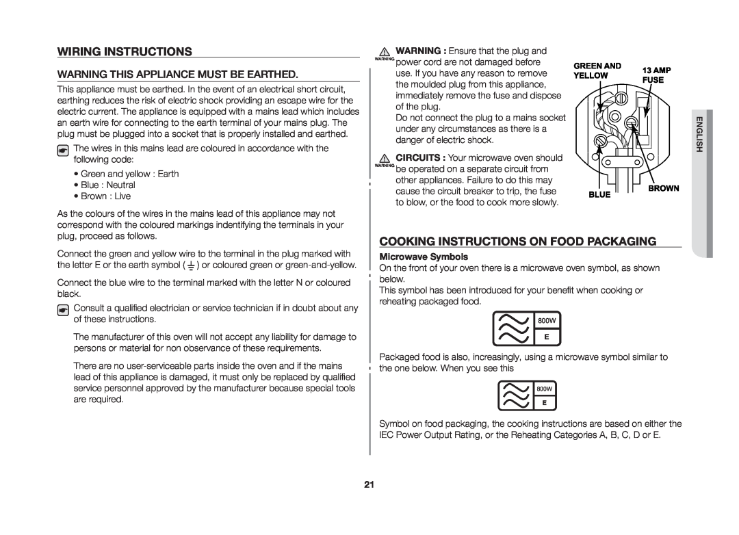Samsung ME89F, MS89F Wiring Instructions, Cooking Instructions On Food Packaging, Warning This Appliance Must Be Earthed 
