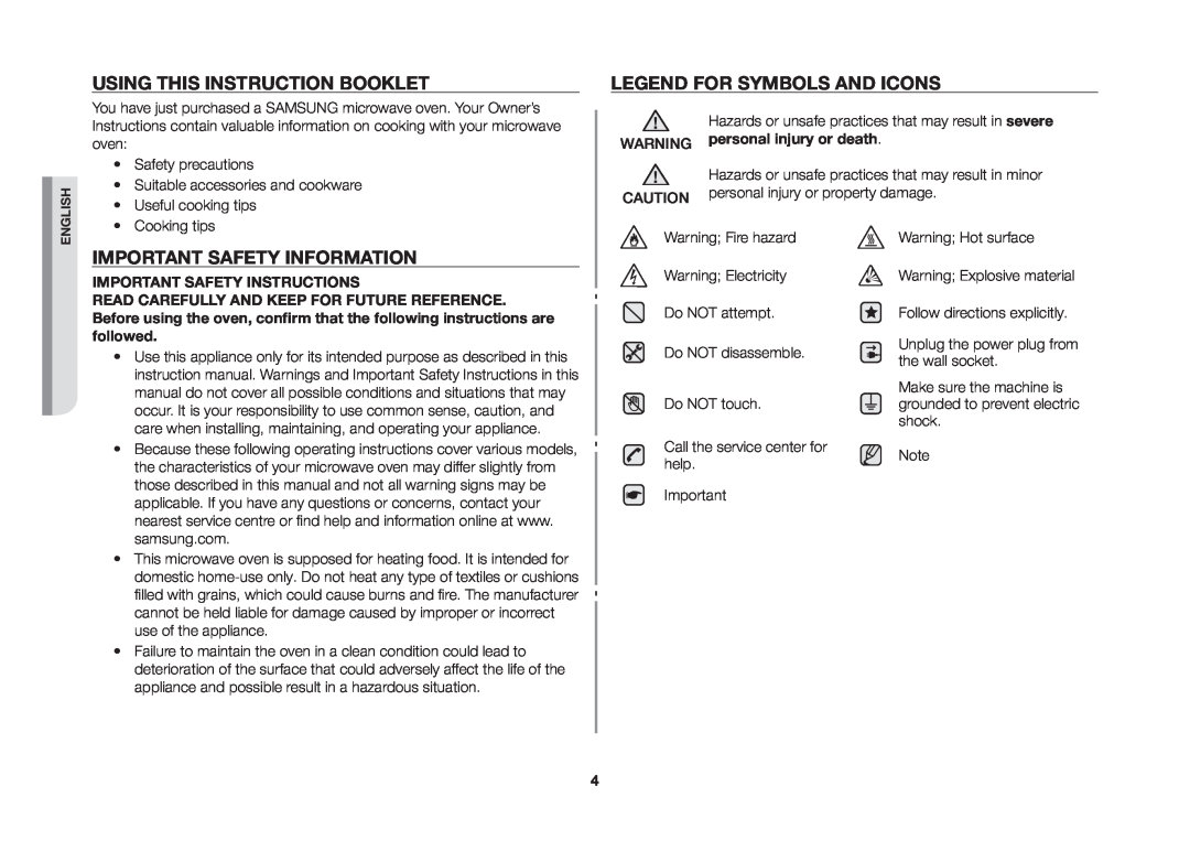 Samsung MS89F, ME89F manual Using This Instruction Booklet, Legend For Symbols And Icons, Important Safety Information 