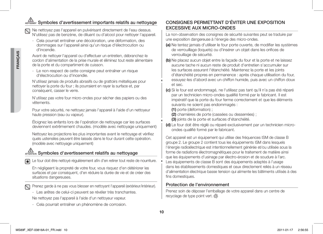 Samsung MS89F-S/XEF, ME89F-1S/XEF manual Protection de l’environnement 