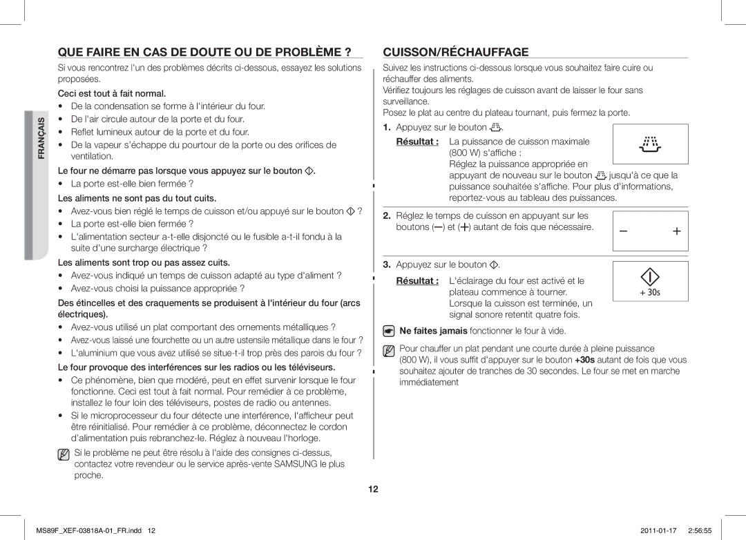 Samsung MS89F-S/XEF, ME89F-1S/XEF manual QUE Faire EN CAS DE Doute OU DE Problème ?, Cuisson/Réchauffage 