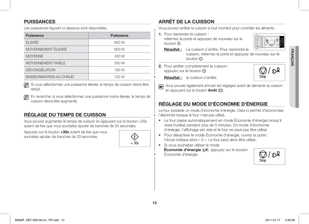 Samsung ME89F-1S/XEF Puissances, Arrêt DE LA Cuisson, Réglage DU Temps DE Cuisson, Réglage DU Mode Déconomie Dénergie 