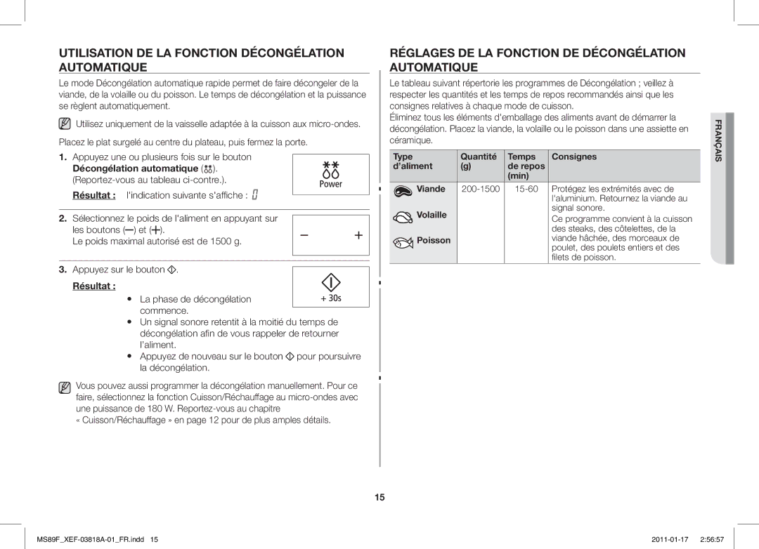 Samsung ME89F-1S/XEF, MS89F-S/XEF Utilisation DE LA Fonction Décongélation Automatique, Résultat, Volaille Signal sonore 