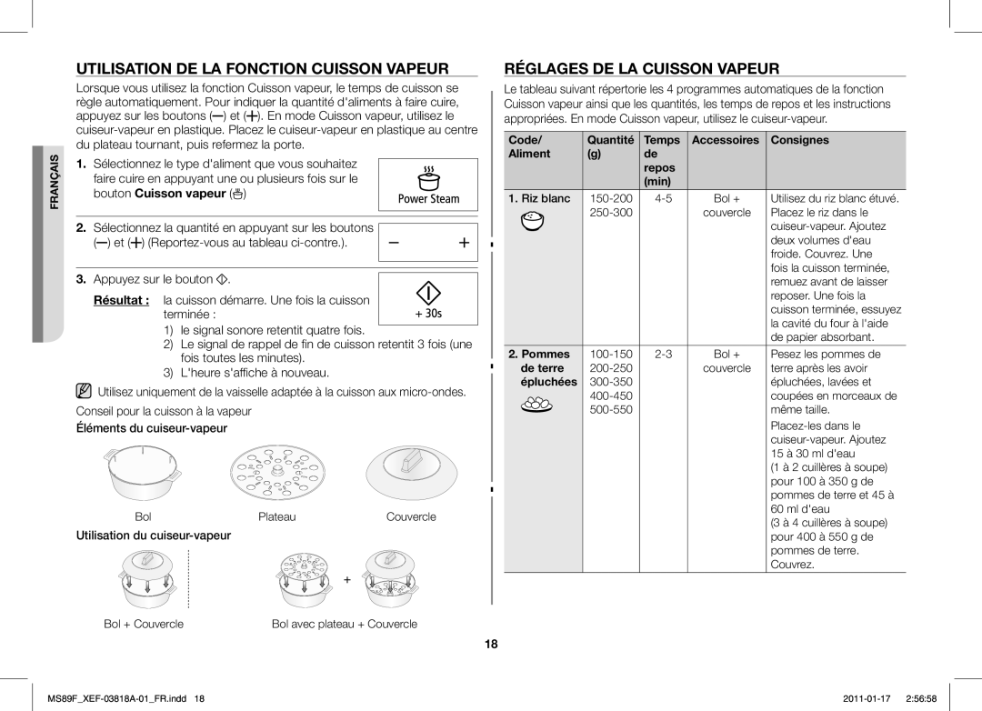 Samsung MS89F-S/XEF manual Utilisation DE LA Fonction Cuisson Vapeur, Réglages DE LA Cuisson Vapeur, Bouton Cuisson vapeur 