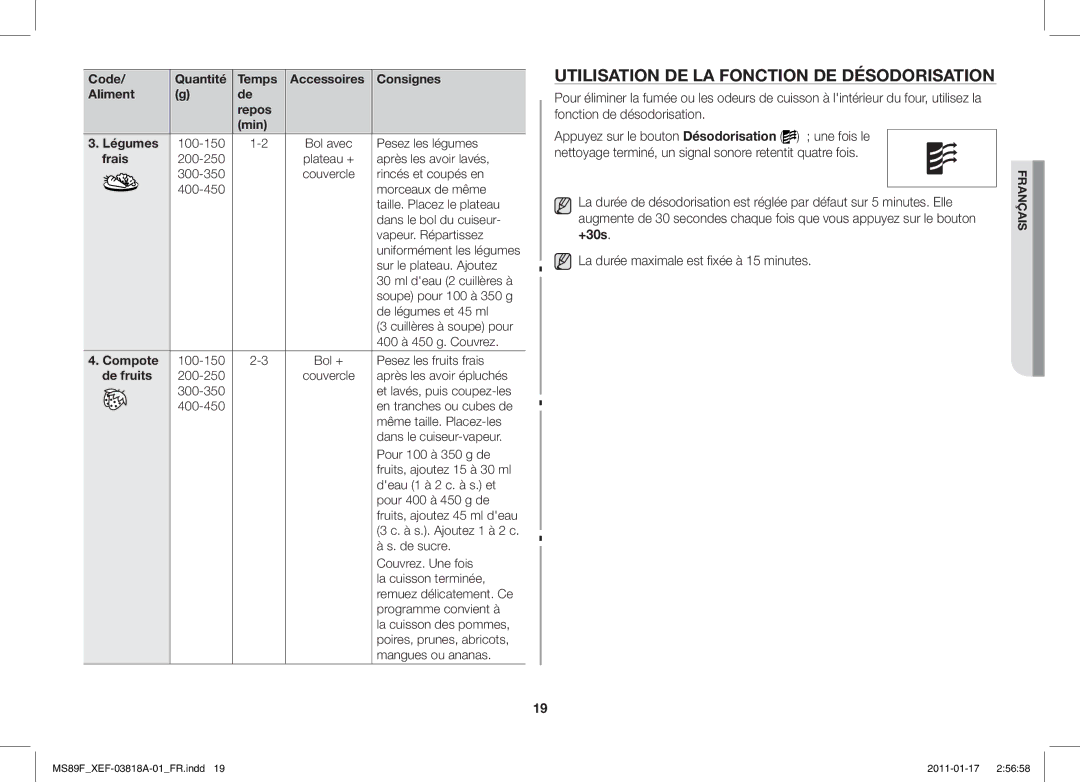 Samsung ME89F-1S/XEF, MS89F-S/XEF manual Utilisation DE LA Fonction DE Désodorisation, Frais, Compote, De fruits 