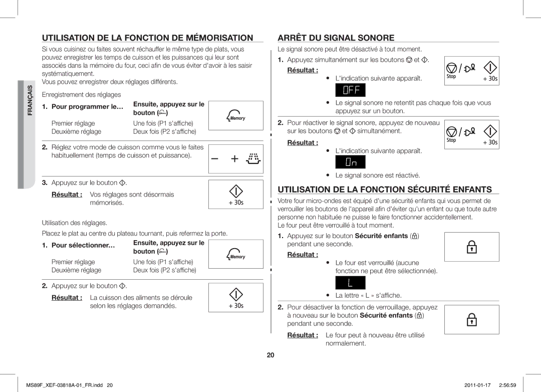 Samsung MS89F-S/XEF, ME89F-1S/XEF manual Utilisation DE LA Fonction DE Mémorisation, Arrêt DU Signal Sonore 