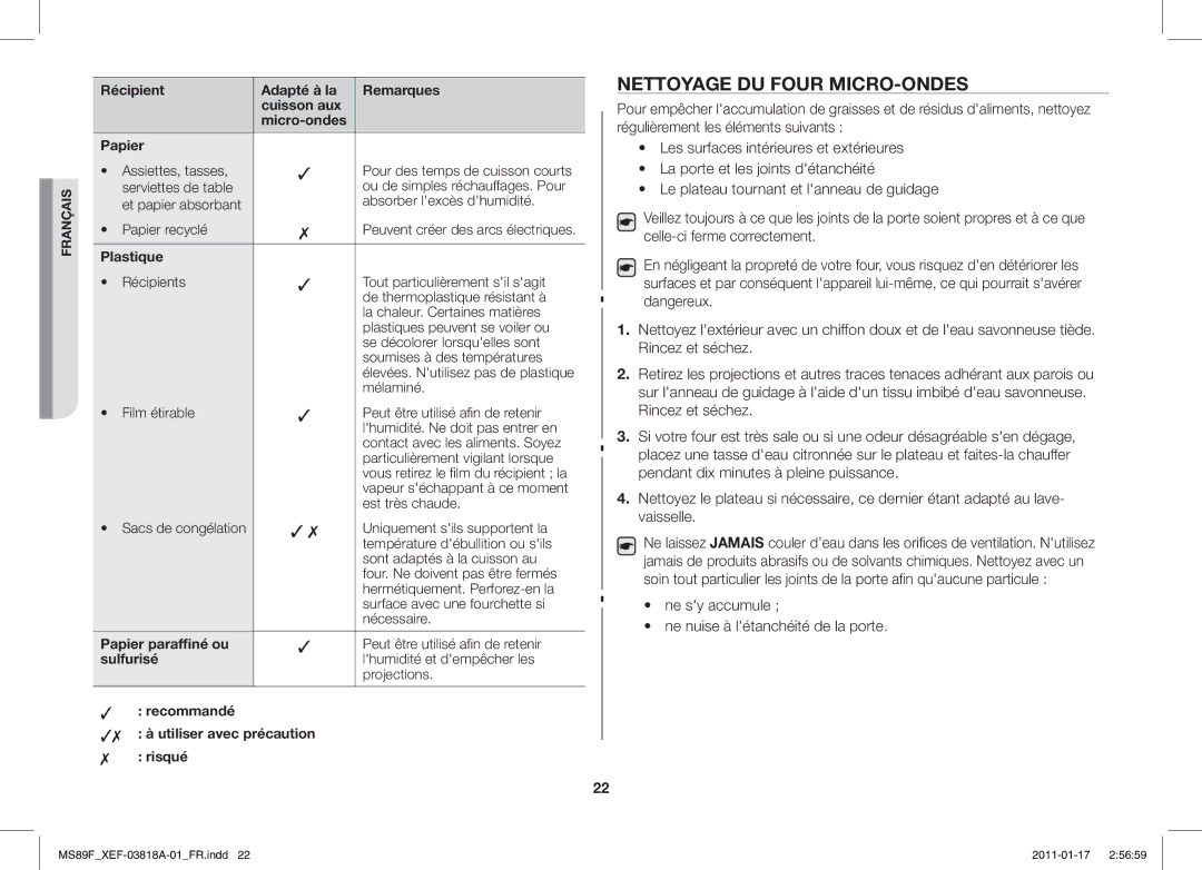 Samsung MS89F-S/XEF, ME89F-1S/XEF manual Nettoyage DU Four MICRO-ONDES, Plastique, Papier paraffiné ou, Sulfurisé 