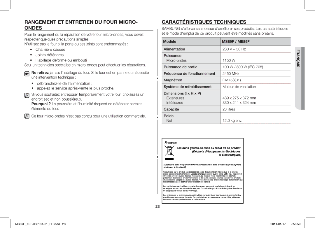 Samsung ME89F-1S/XEF manual Rangement ET Entretien DU Four MICRO- Ondes, Caractéristiques Techniques, Modèle MS89F / ME89F 