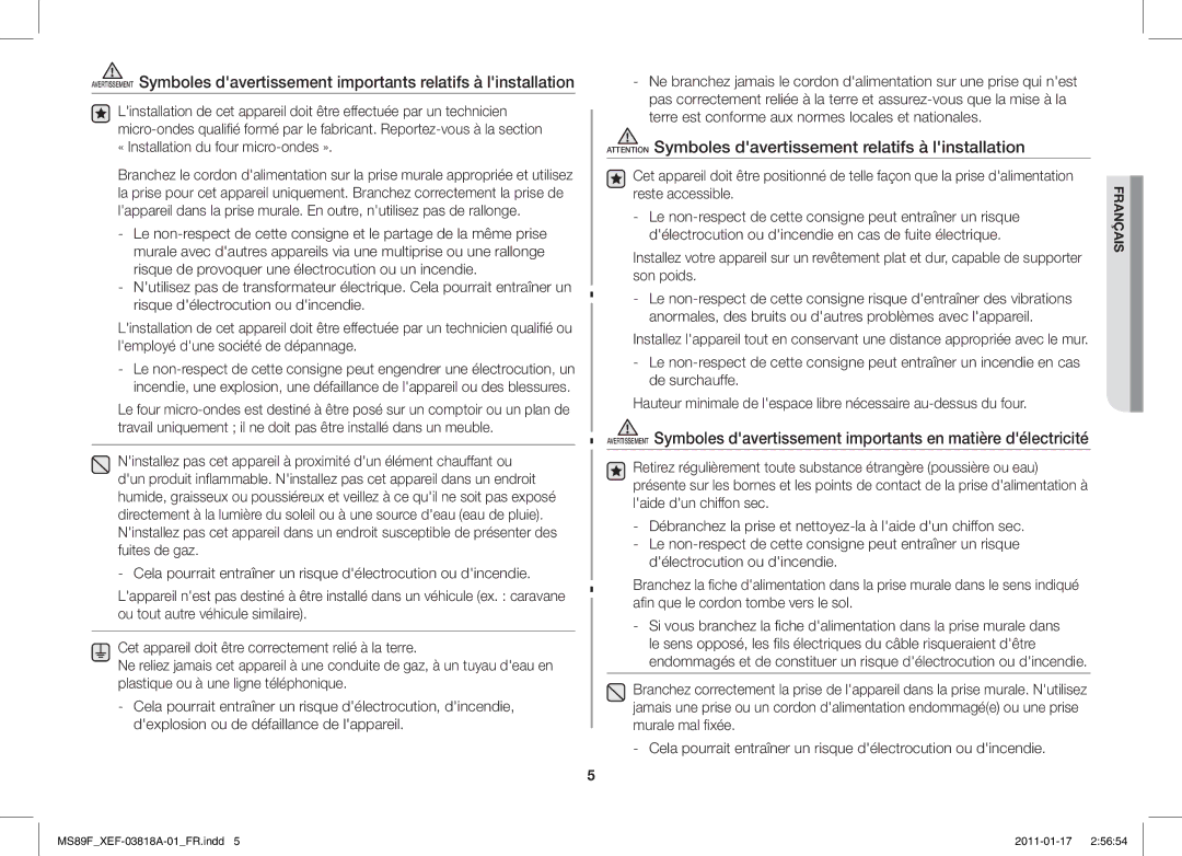 Samsung ME89F-1S/XEF, MS89F-S/XEF manual Prise murale dans 