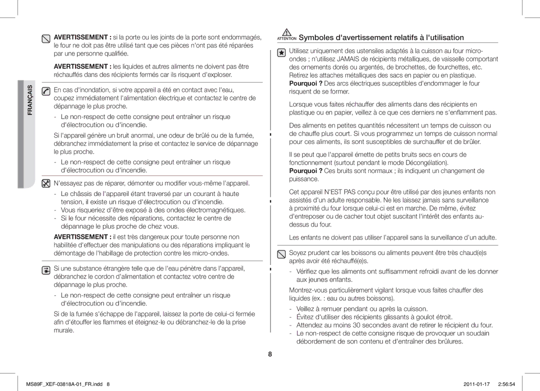 Samsung MS89F-S/XEF, ME89F-1S/XEF manual Français 