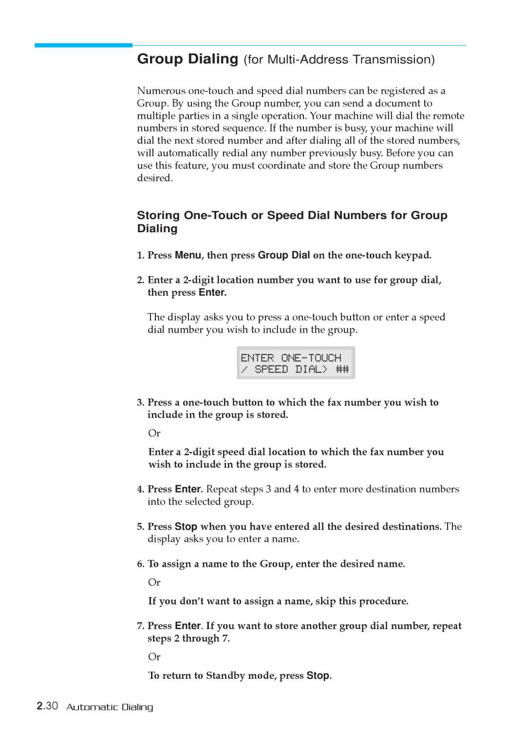 Samsung MSYS 5200 Group Dialing for Multi-Address Transmission, Storing One-Touch or Speed Dial Numbers for Group Dialing 