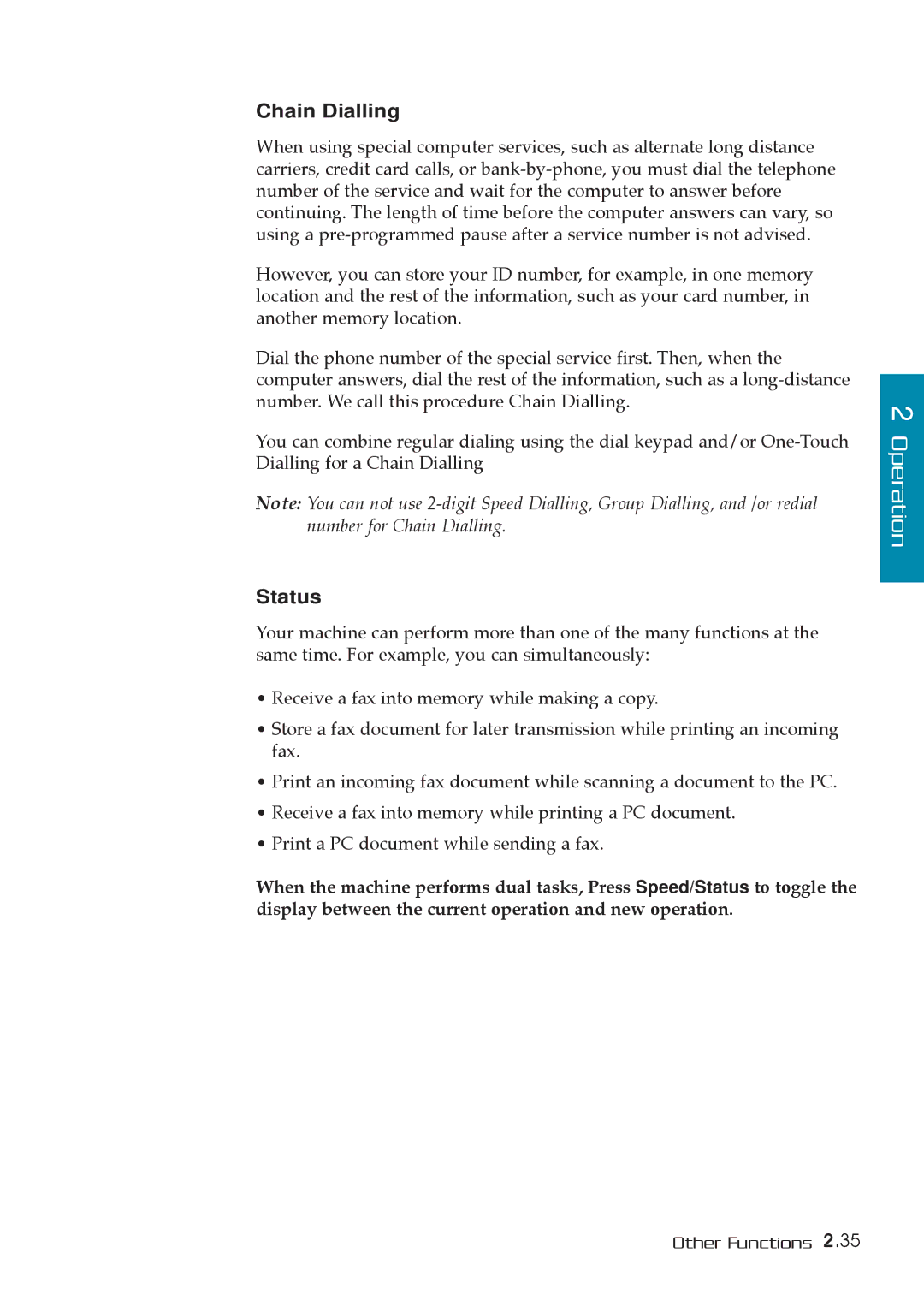 Samsung MSYS 5200 manual Chain Dialling, Status 