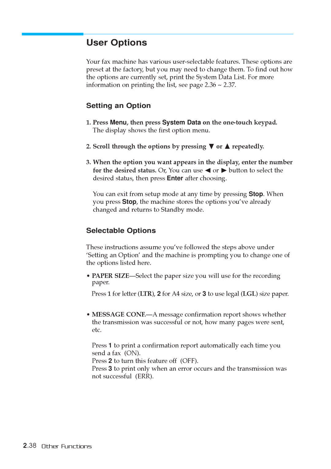 Samsung MSYS 5200 manual User Options, Setting an Option, Selectable Options 