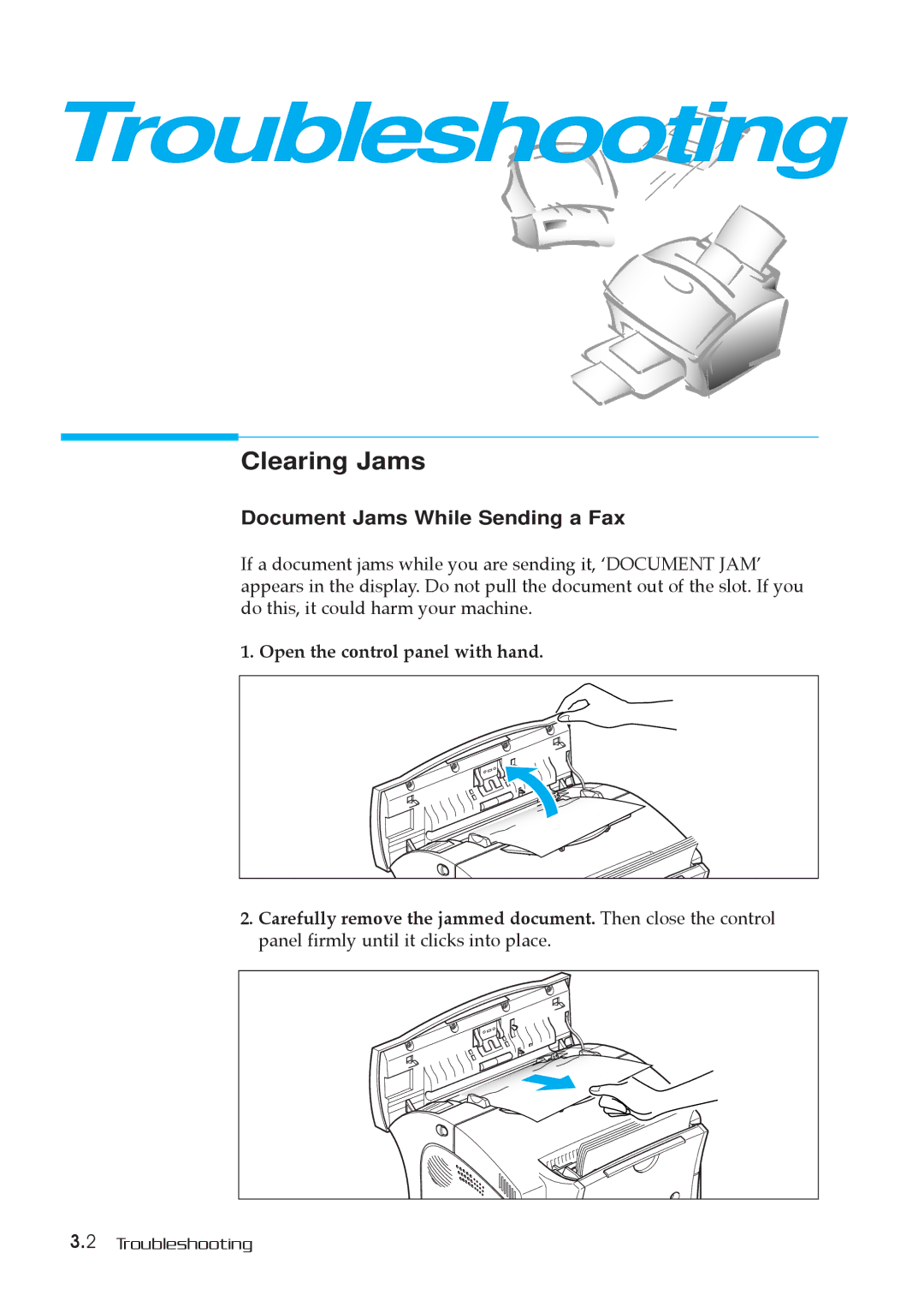 Samsung MSYS 5200 manual Clearing Jams, Document Jams While Sending a Fax 