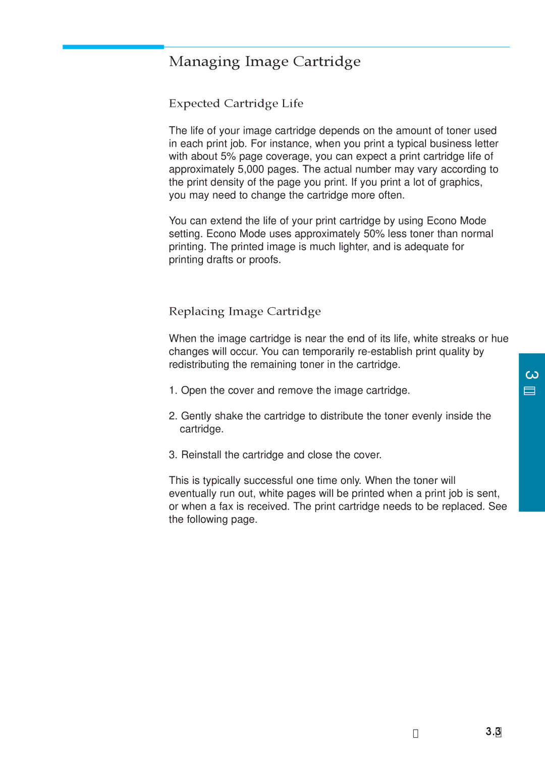 Samsung MSYS 5200 manual Managing Image Cartridge, Expected Cartridge Life, Replacing Image Cartridge 