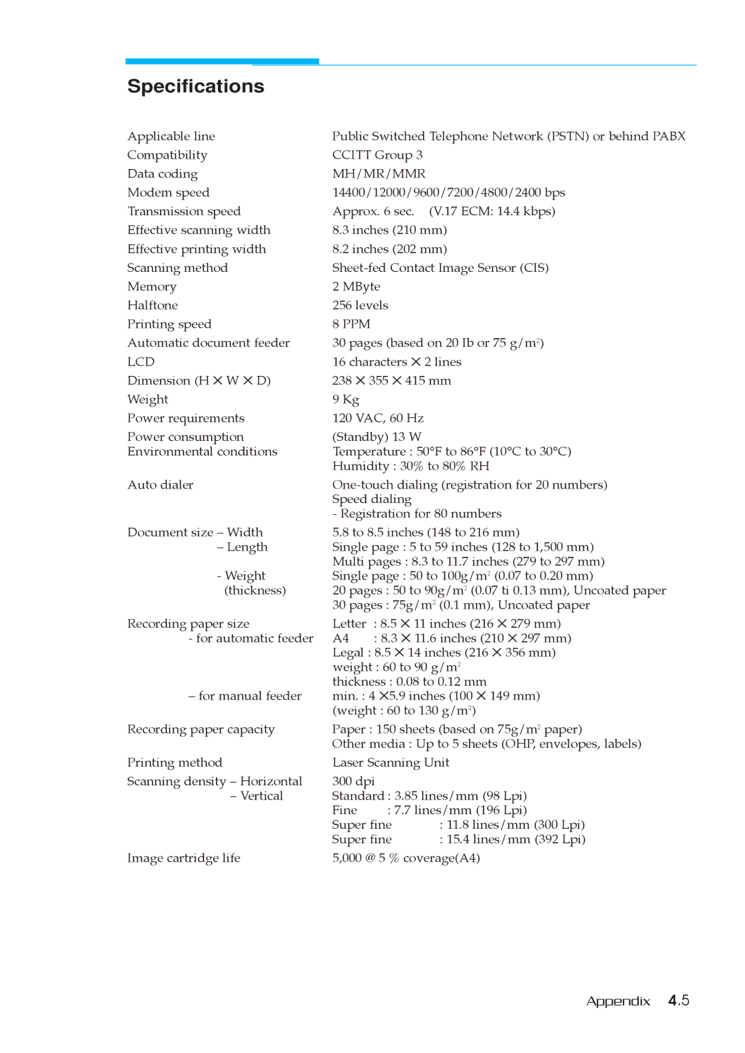 Samsung MSYS 5200 manual Specifications 