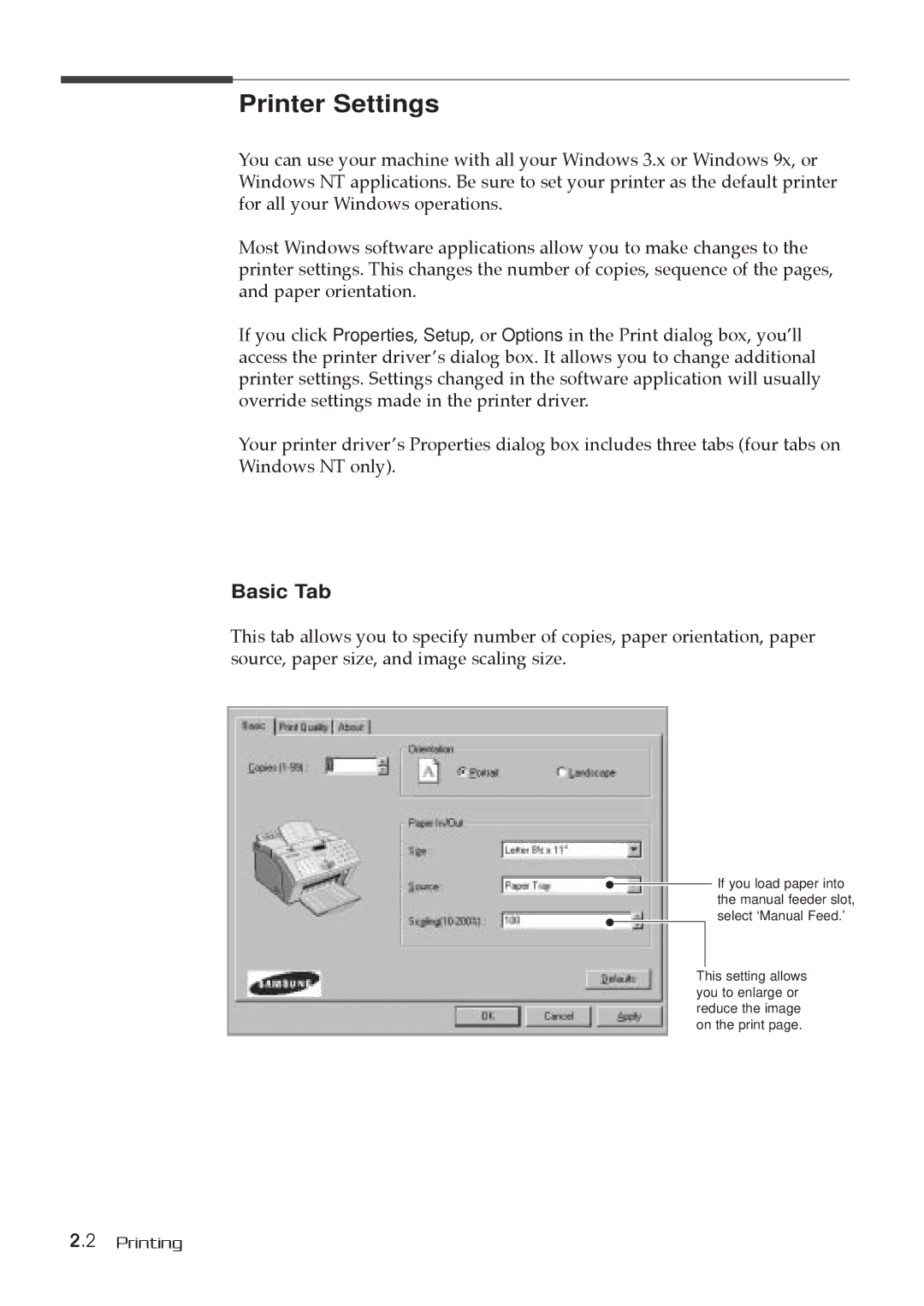 Samsung MSYS 5200 manual Printer Settings, Basic Tab 