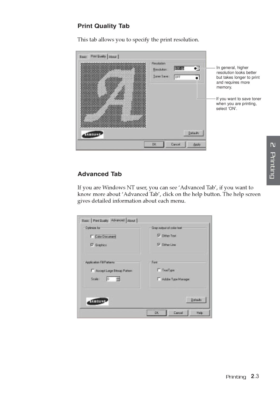 Samsung MSYS 5200 manual Print Quality Tab, Advanced Tab 