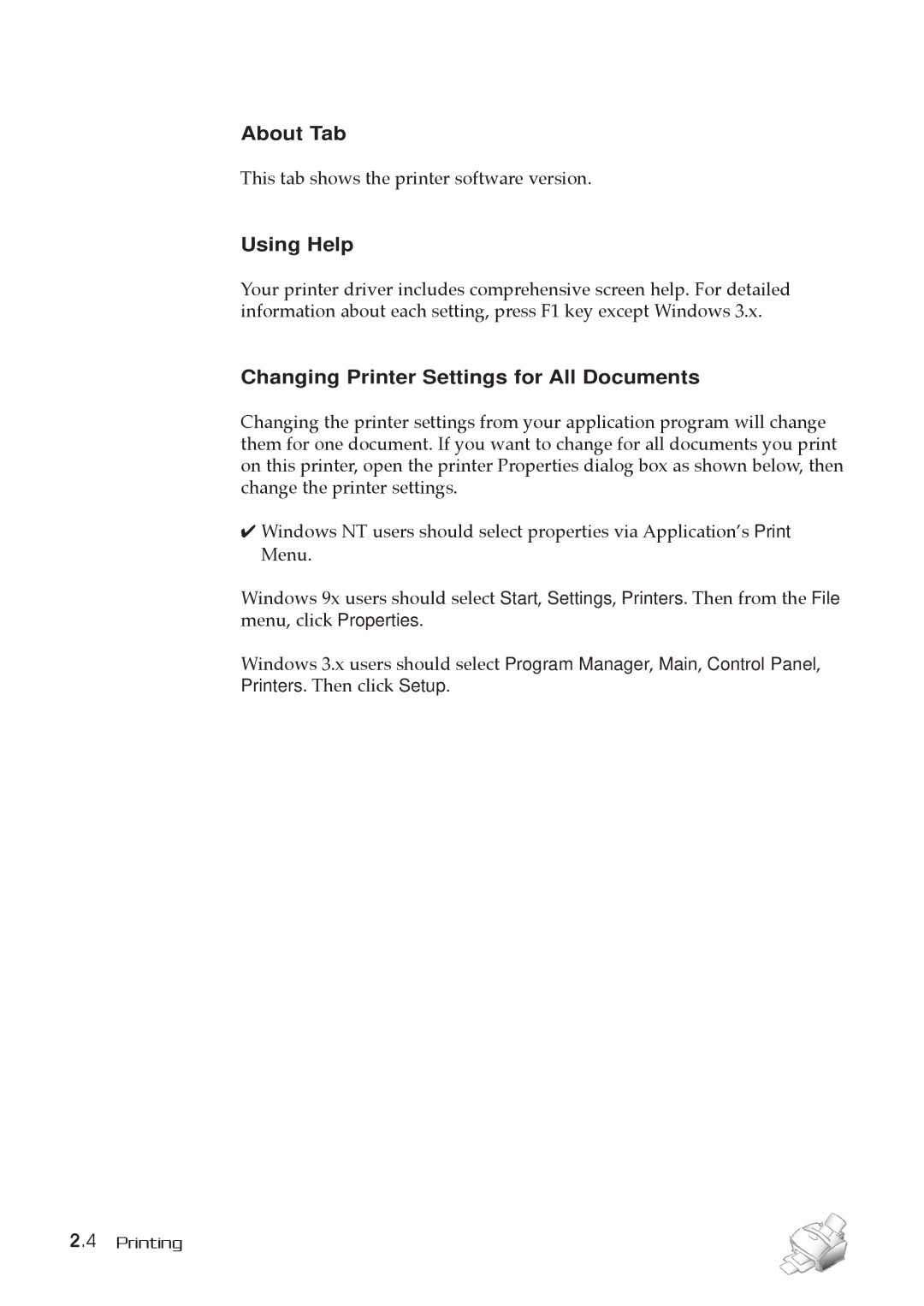 Samsung MSYS 5200 manual About Tab, Using Help, Changing Printer Settings for All Documents 