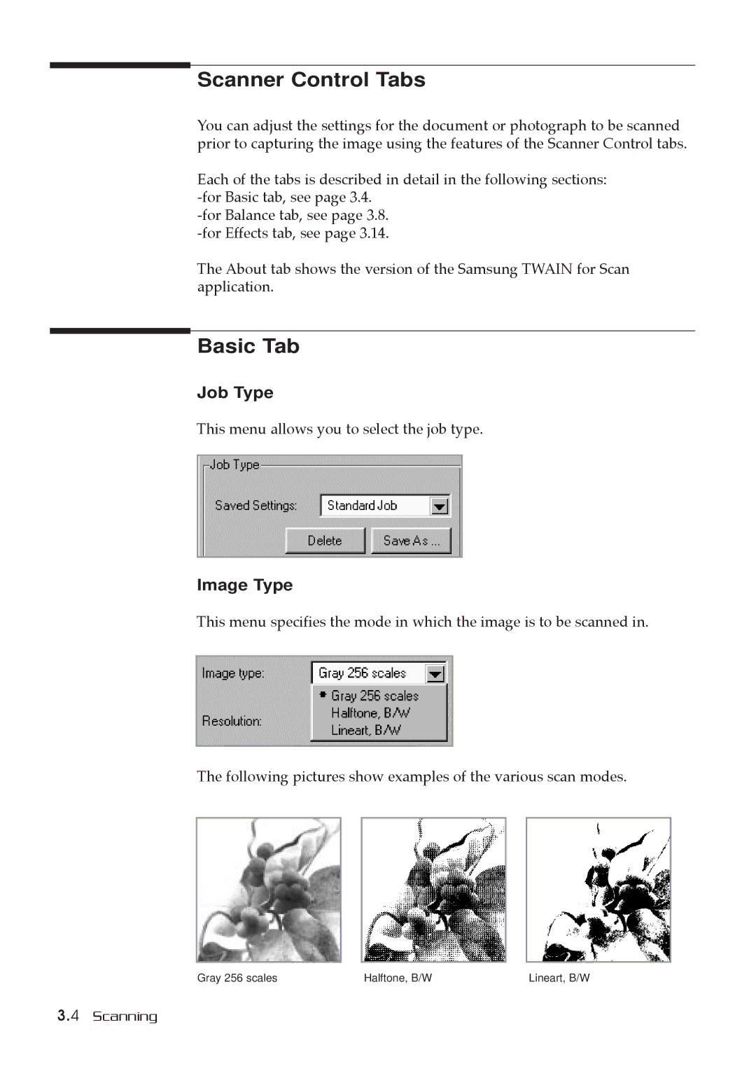 Samsung MSYS 5200 manual Scanner Control Tabs, Basic Tab, Job Type, Image Type 