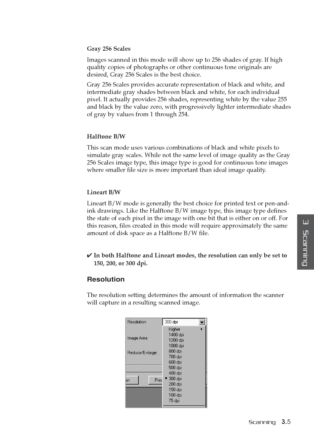 Samsung MSYS 5200 manual Resolution, Gray 256 Scales, Halftone B/W, Lineart B/W 