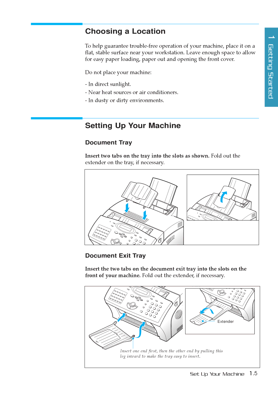 Samsung MSYS 5200 manual Choosing a Location, Setting Up Your Machine, Document Tray, Document Exit Tray 