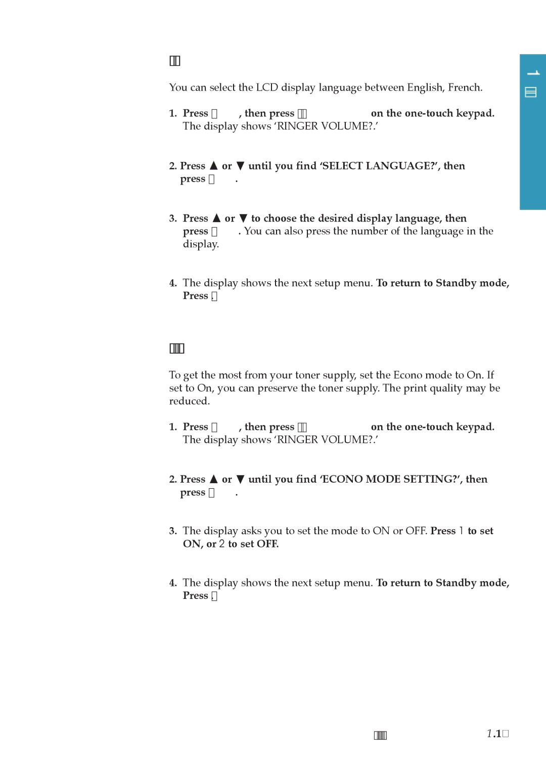 Samsung MSYS 5200 manual Select Language, Econo Mode Setting, Press Enter Press ¹ or, ON, or 2 to set OFF 