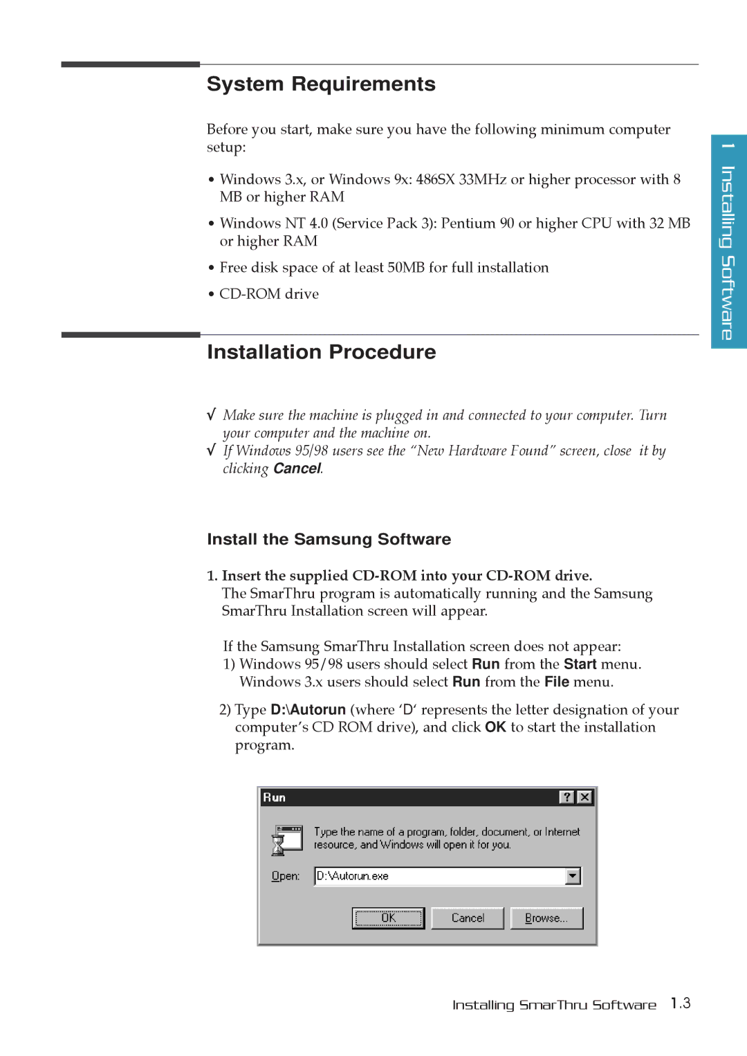 Samsung MSYS 5200 manual System Requirements, Installation Procedure, Install the Samsung Software 