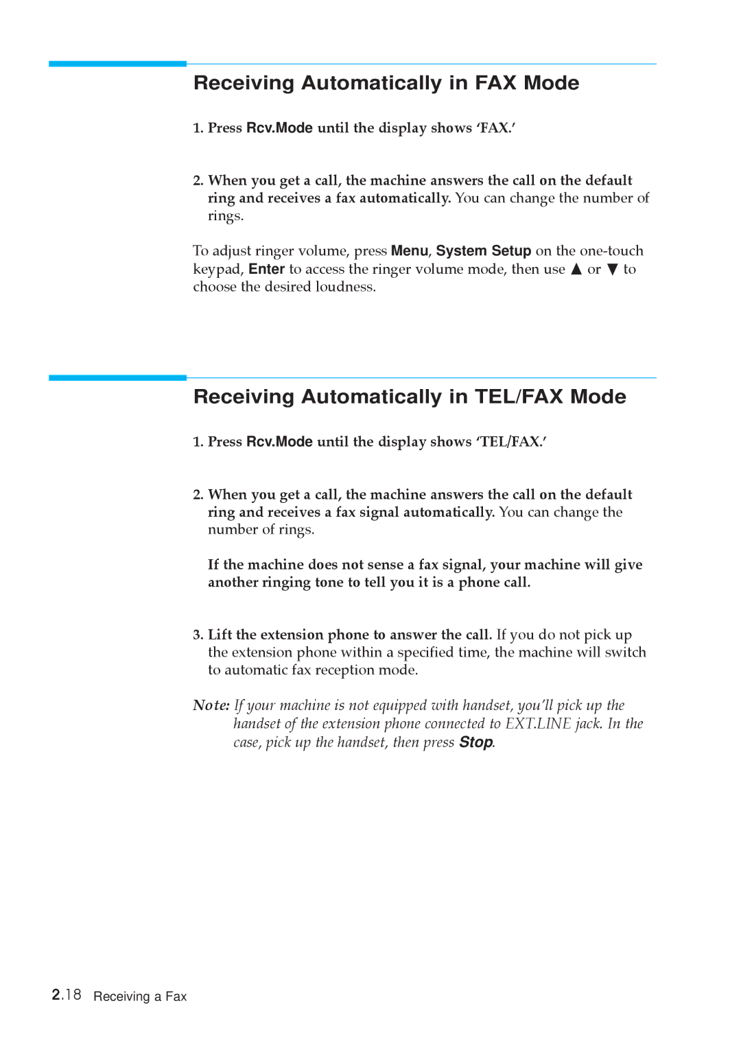 Samsung MSYS 5200 manual Receiving Automatically in FAX Mode, Receiving Automatically in TEL/FAX Mode 