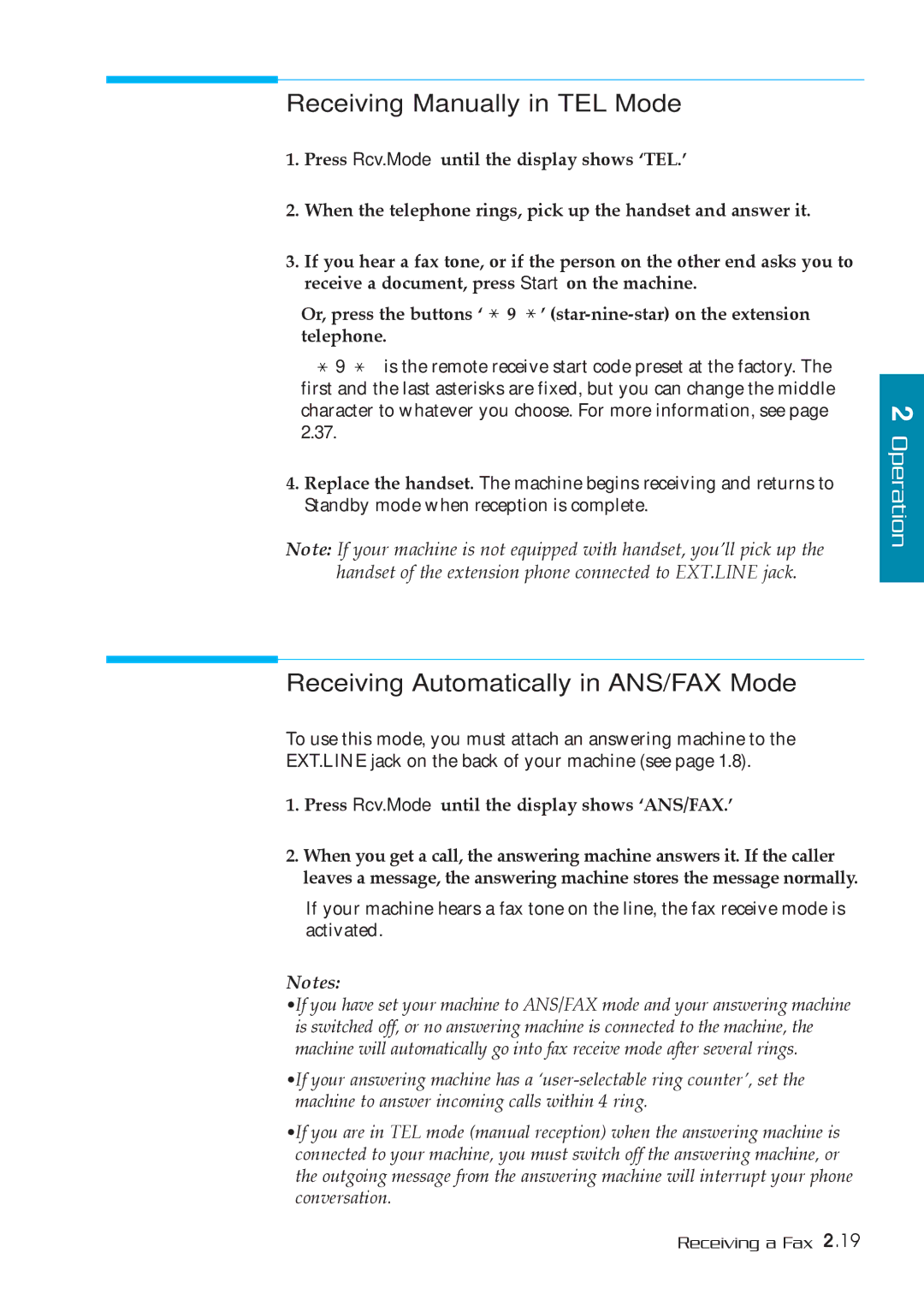 Samsung MSYS 5200 manual Receiving Manually in TEL Mode, Receiving Automatically in ANS/FAX Mode 